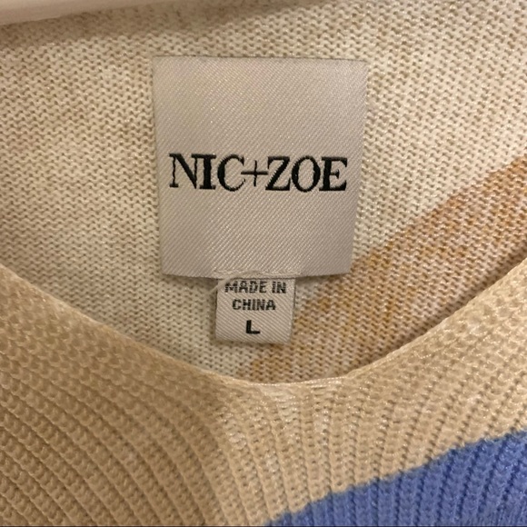 Nic+Zoe OCEAN ISLE Short Sleeve V Neck Loose Fitting Blue Geometric Knit SWEATER - Picture 11 of 16